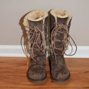 UGG Whitley Tall Brown Suede Boots Lace Up Sheepskin Shearling 5122 Womens 7